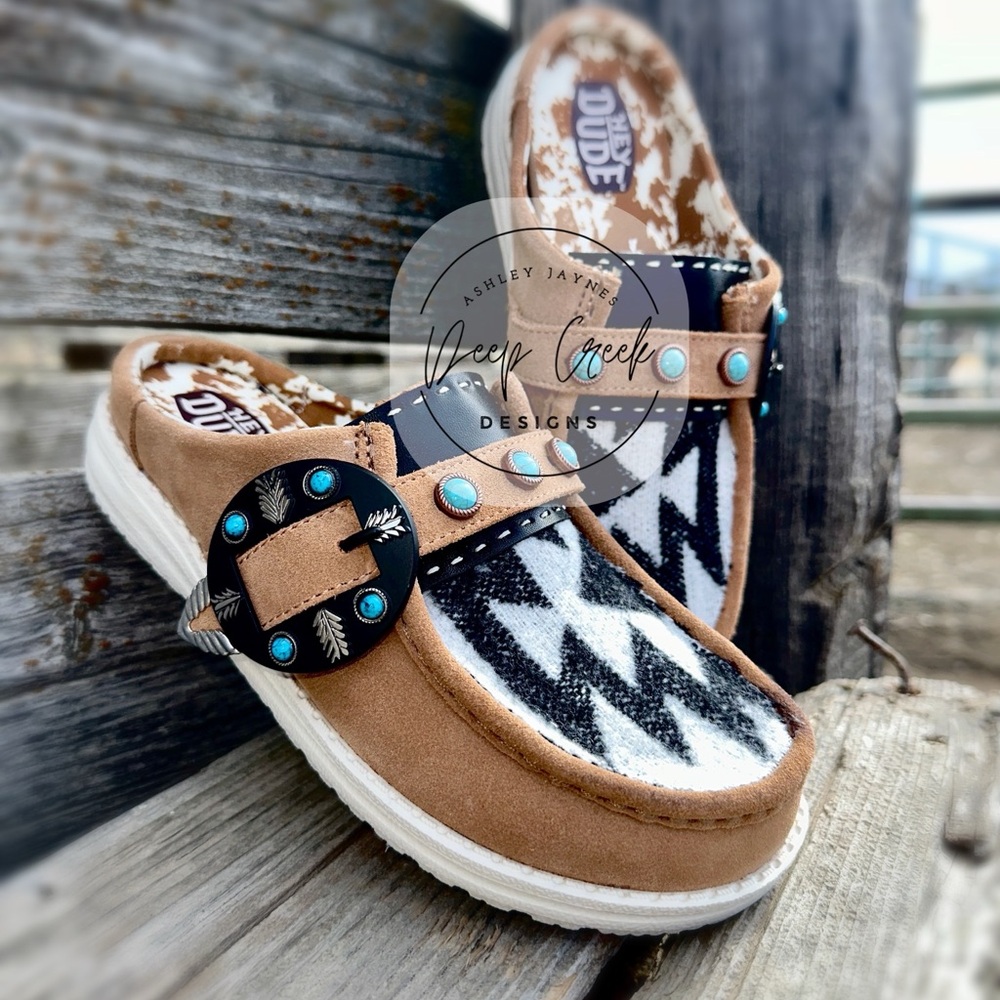 Custom Hey Dudes w/ Aztec wool & turquoise accents!